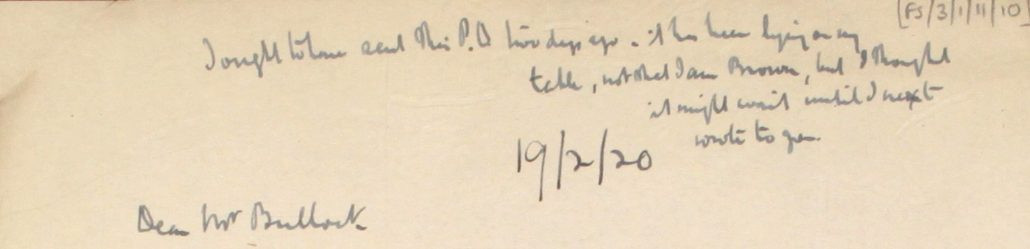 10 – Letter to Fred Bullock from Frederick Smith, 19 Feb 1920